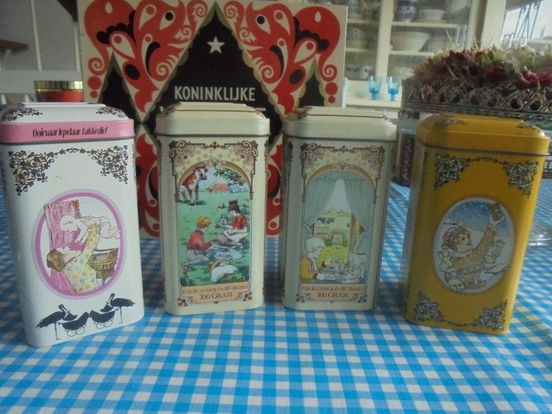 4 blikken trommels P.  deRuijter chocoladehagel, Verzamelen, Blikken, Ophalen of Verzenden, Gebruikt, Beschuit, Overige merken