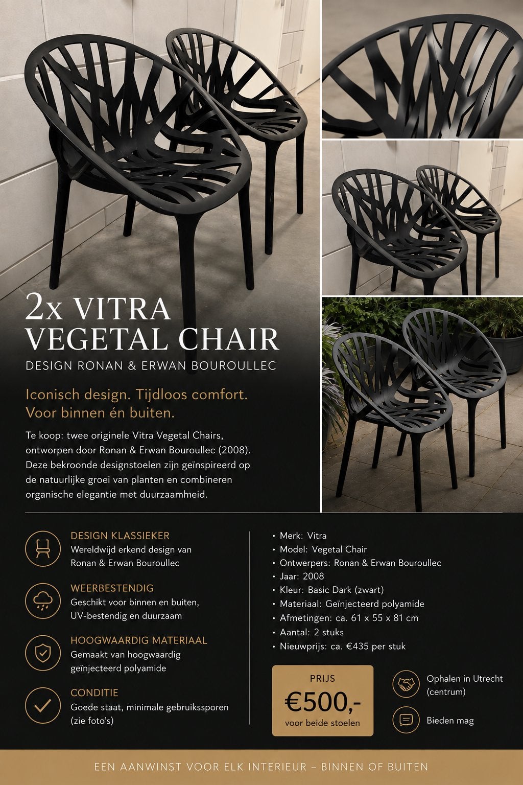 2x originele Vitra Vegetal designstoel – Bouroullec – zwart, Ophalen, Gebruikt