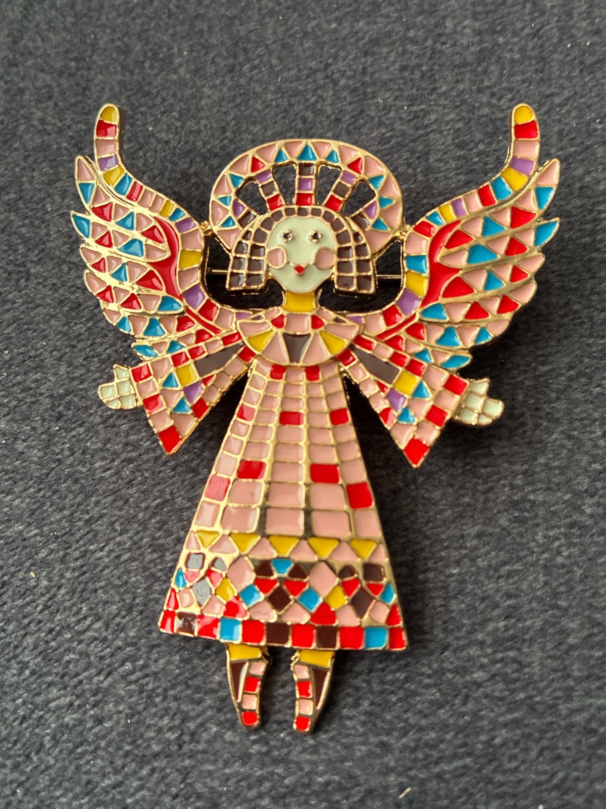 Vintage Broche Engel, Kleurrijk Emaille, Gouden Afwerking, Overige materialen, 4 tot 7 cm, Overige kleuren, Ophalen of Verzenden
