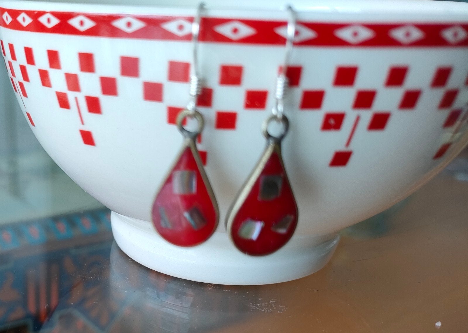 Vintage jaren '80 rode zilveren Alpaca Mexico oorbellen., Ophalen of Verzenden, Zo goed als nieuw, Rood, Zilver