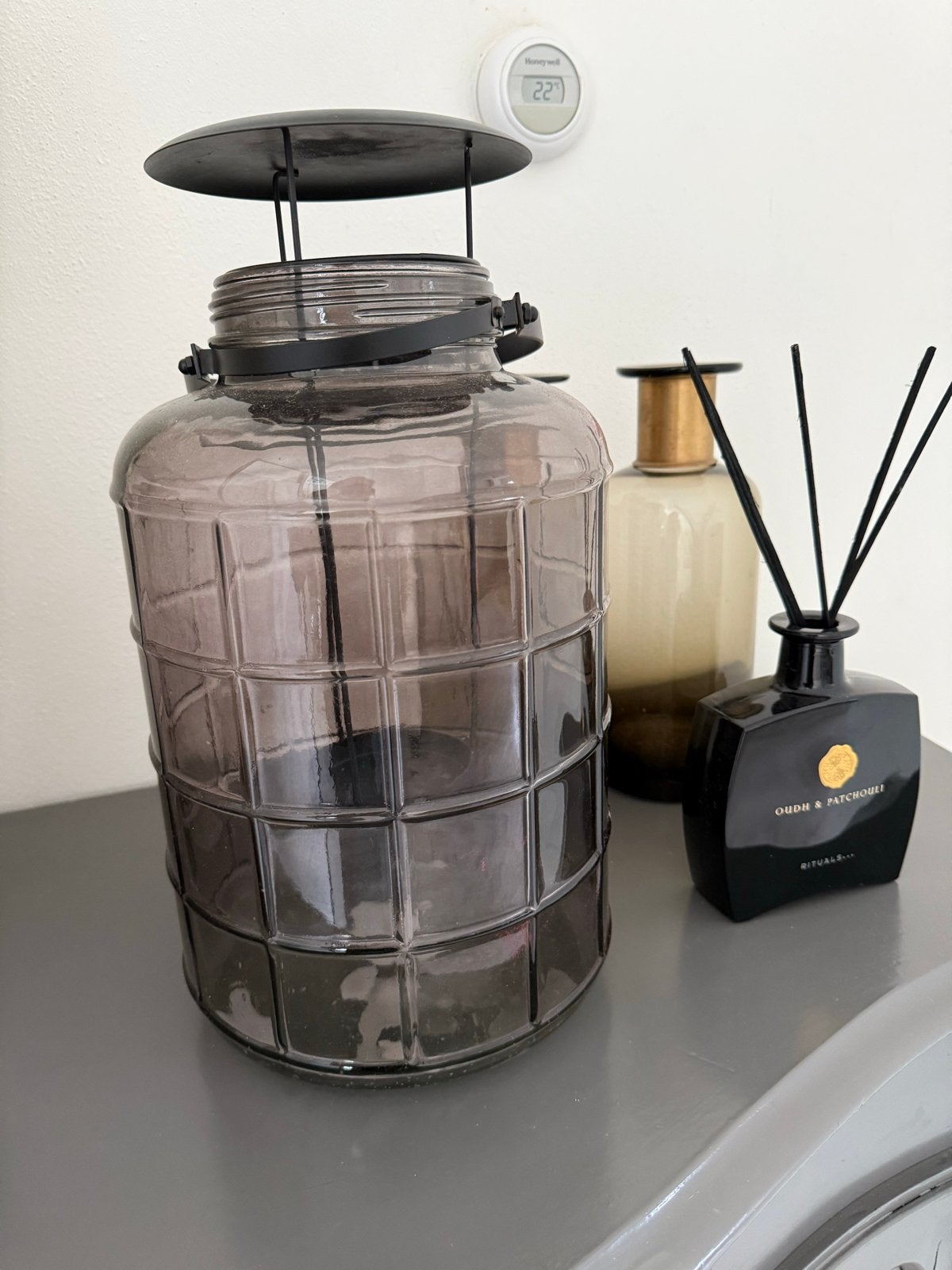 Stijlvol zwart glazen windlicht voor kaarsen, Ophalen, Windlicht, Zwart, Glas