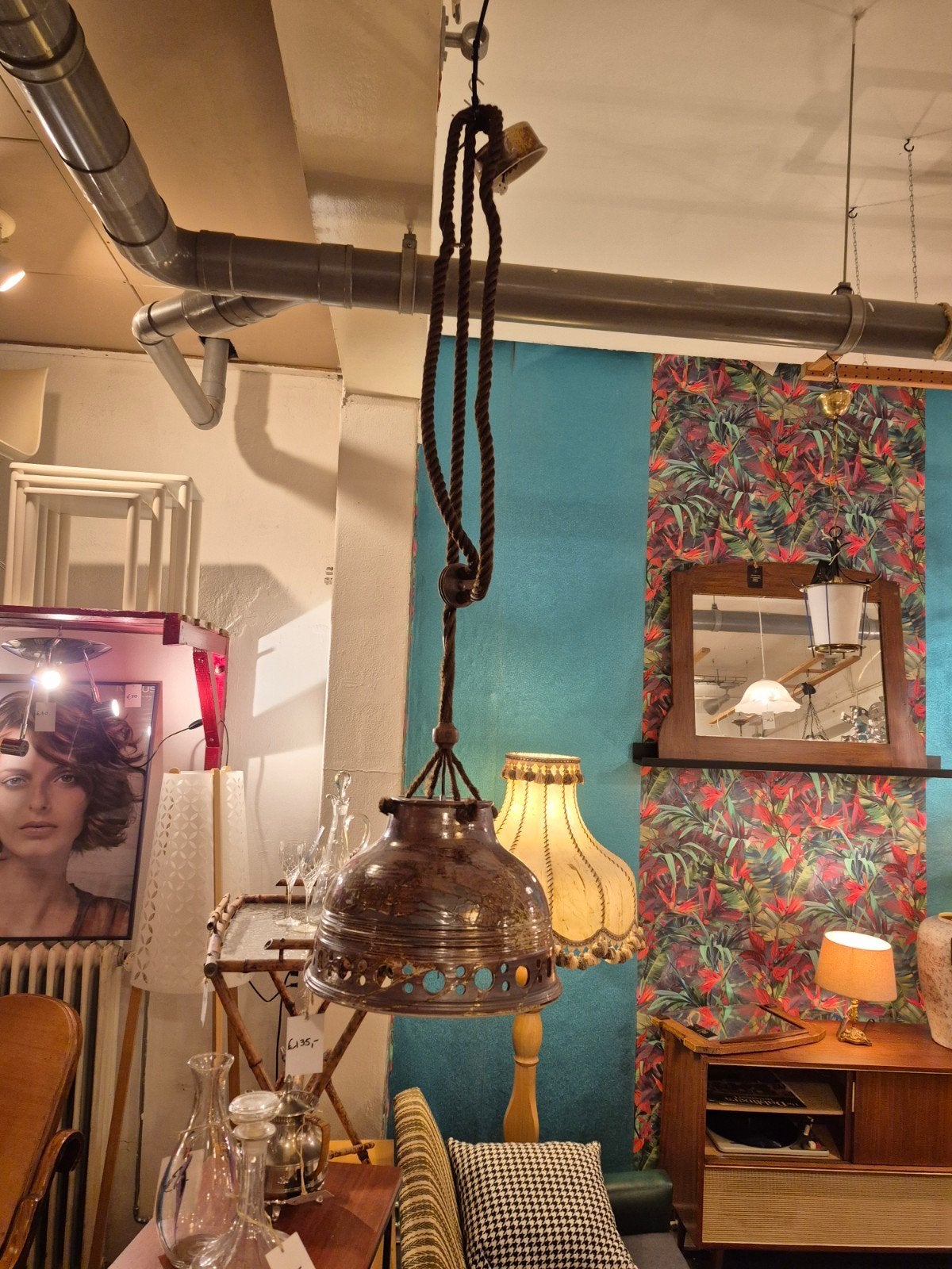 Unieke hanglamp met touw en keramische kap, Ophalen of Verzenden
