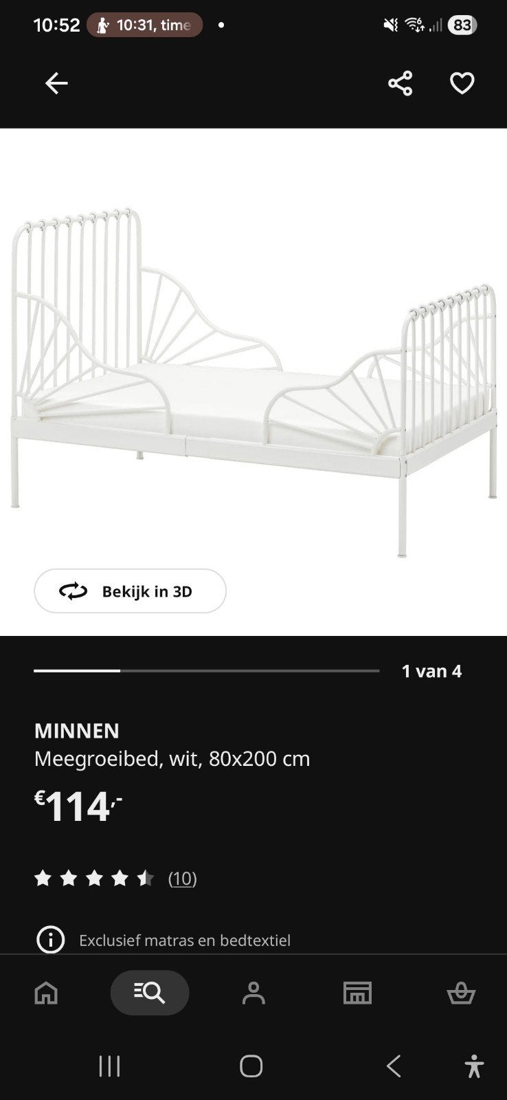 IKEA MINNEN meegroeibed wit, 80x200 cm, Gebruikt, 70 tot 85 cm, Ophalen of Verzenden, Lattenbodem