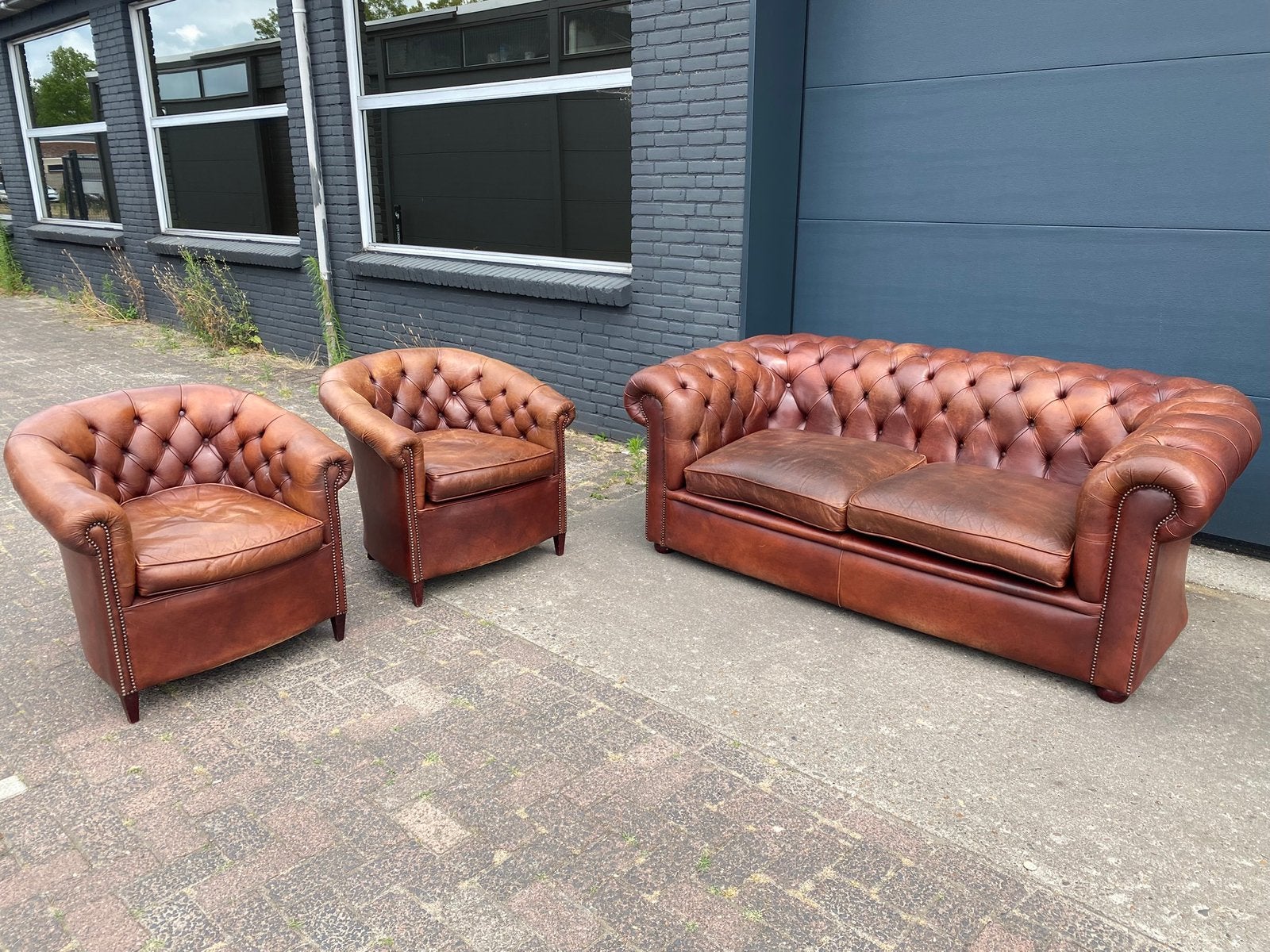 Chesterfield 3+1+1 zit bankstel cognac bendic, Ophalen, 125 cm of meer, Leer, Zo goed als nieuw