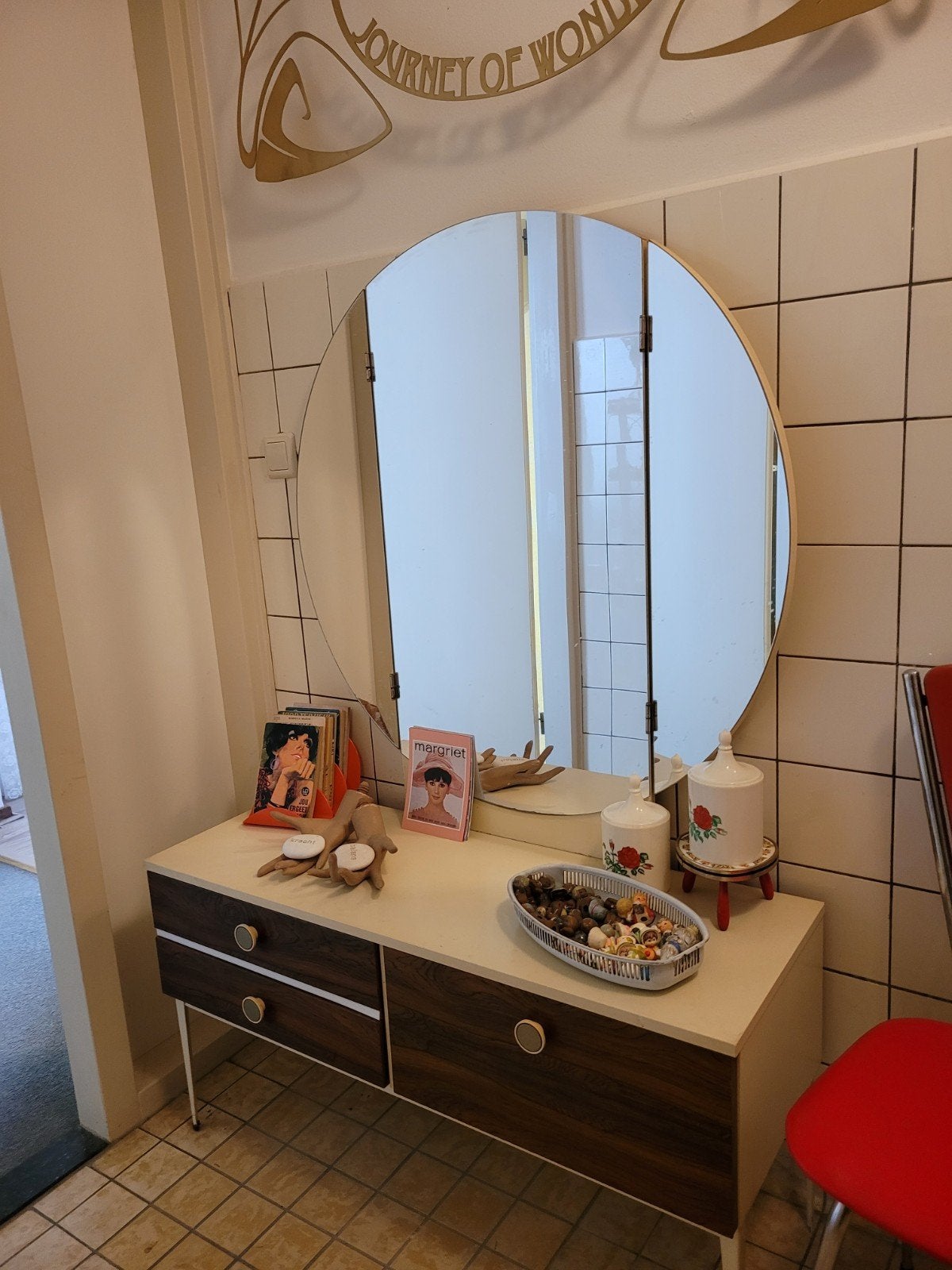 Vintage kaptafel met spiegel en lades, Ophalen, Rechthoekig, Minder dan 50 cm, Minder dan 100 cm
