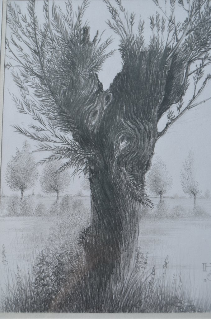9 x Hendrik Voskuijl (1893 - 1980) potloodtek. 'bomen' (2), Landschap, Papier/karton, Ophalen of Verzenden, Achter glas