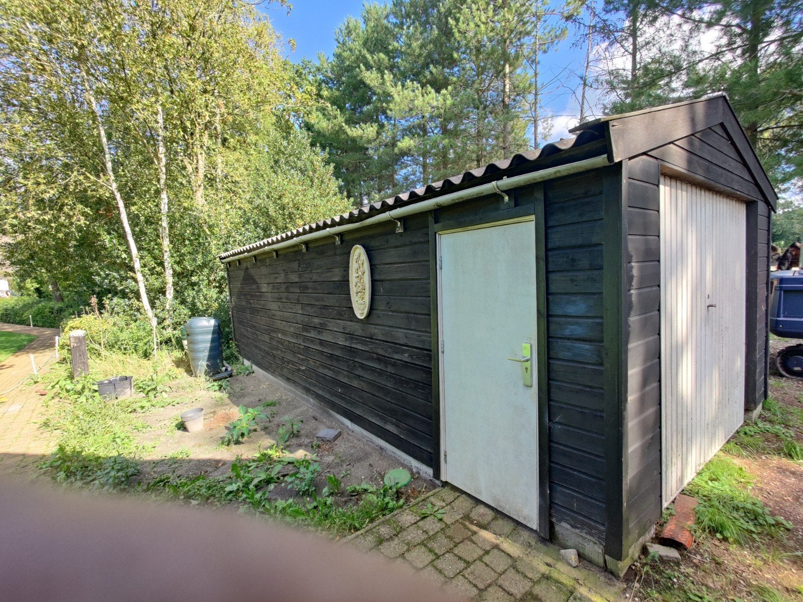houten berging met garagedeur en zijdeur, Tuin en Terras, Ophalen, Gebruikt, Hout, Overige typen