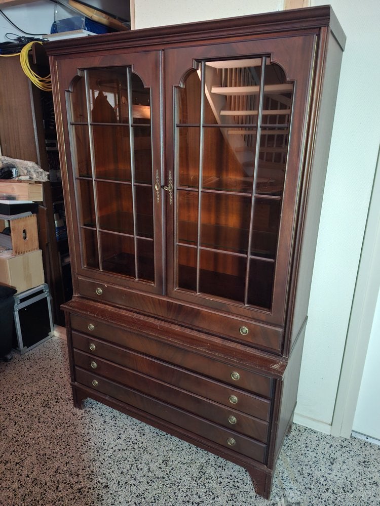 Vitrinekast met lades - donkerbruin, Gebruikt, 100 tot 150 cm, Met lade(s), Overige houtsoorten