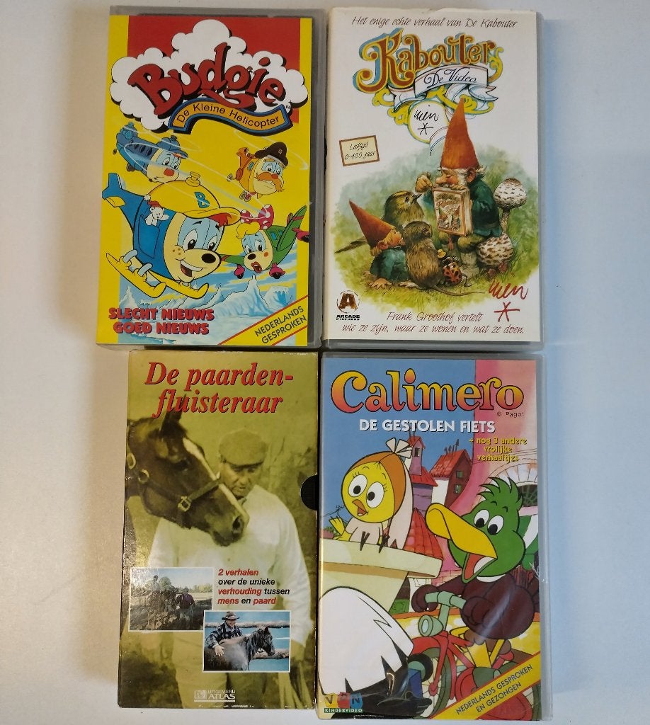 GRATIS 4 VHS-banden: o.a. Calimero / Budgie / De Kabouter, Ophalen, Gebruikt, Alle leeftijden, Nederlands
