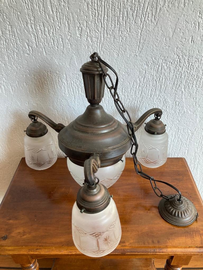 Koper brons hanglamp met 3 armaturen geslepen glazen kelkjes, Antiek en Kunst, Ophalen of Verzenden