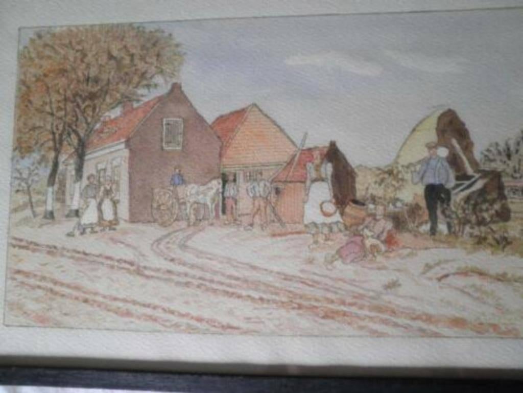 Aquarel Boerenerf in Lijst, Ophalen of Verzenden