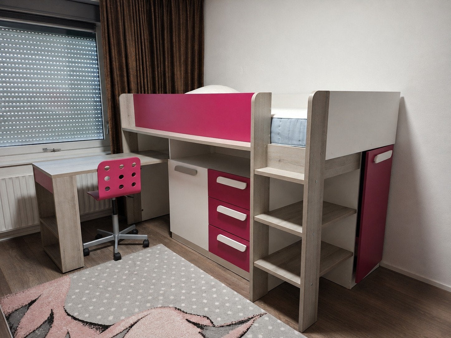 Halfhoogslaper met bureau en opbergruimte - roze/wit, Ophalen, Gebruikt, 90 cm, Eenpersoons