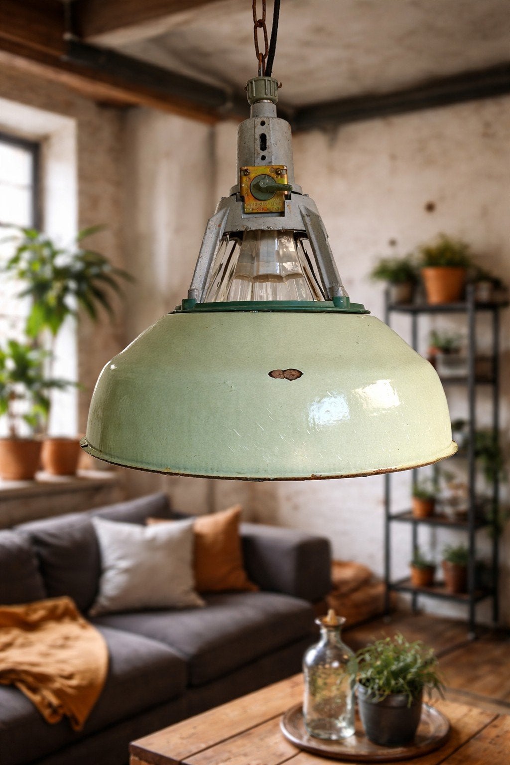 Vintage groene emaille industriële hanglampen Sovjet-Unie., Huis en Inrichting, Lampen | Hanglampen, Ophalen of Verzenden, Gebruikt