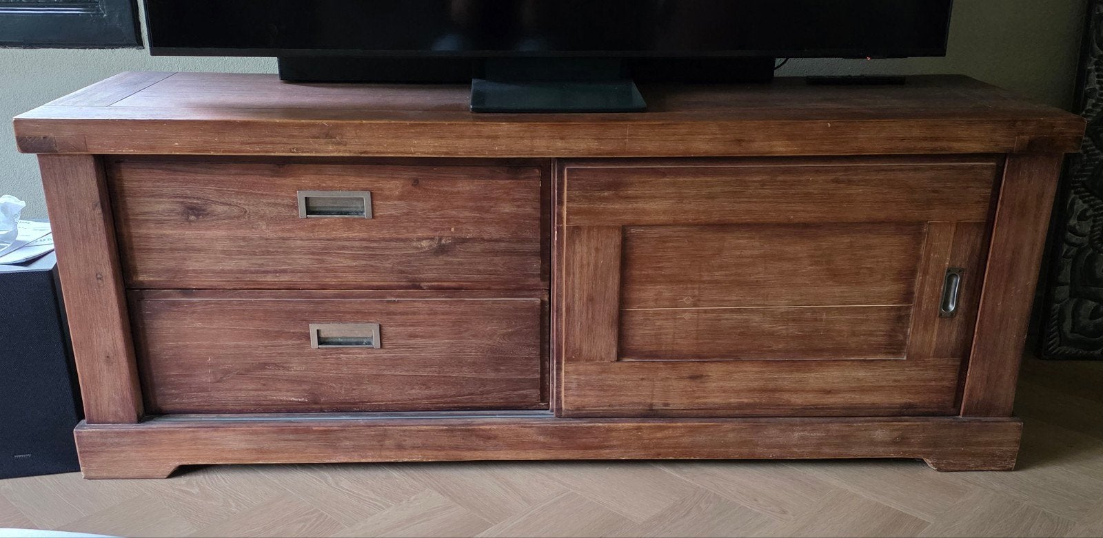 Degelijke TV-kast met 2 lades en salontafel met opbergbak, Huis en Inrichting, Ophalen, Gebruikt, Rechthoekig, 100 tot 150 cm