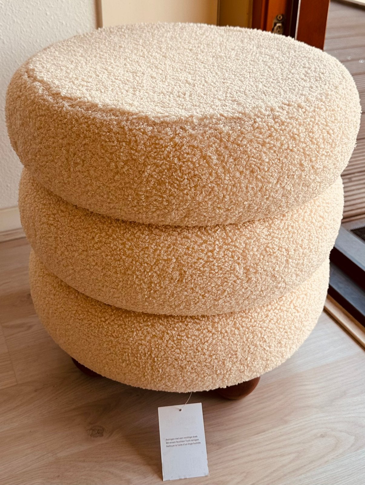 XENOS roze creme rond 2x poef teddy stof nieuw hout bubble, Ophalen, Minder dan 50 cm, Rond, Nieuw