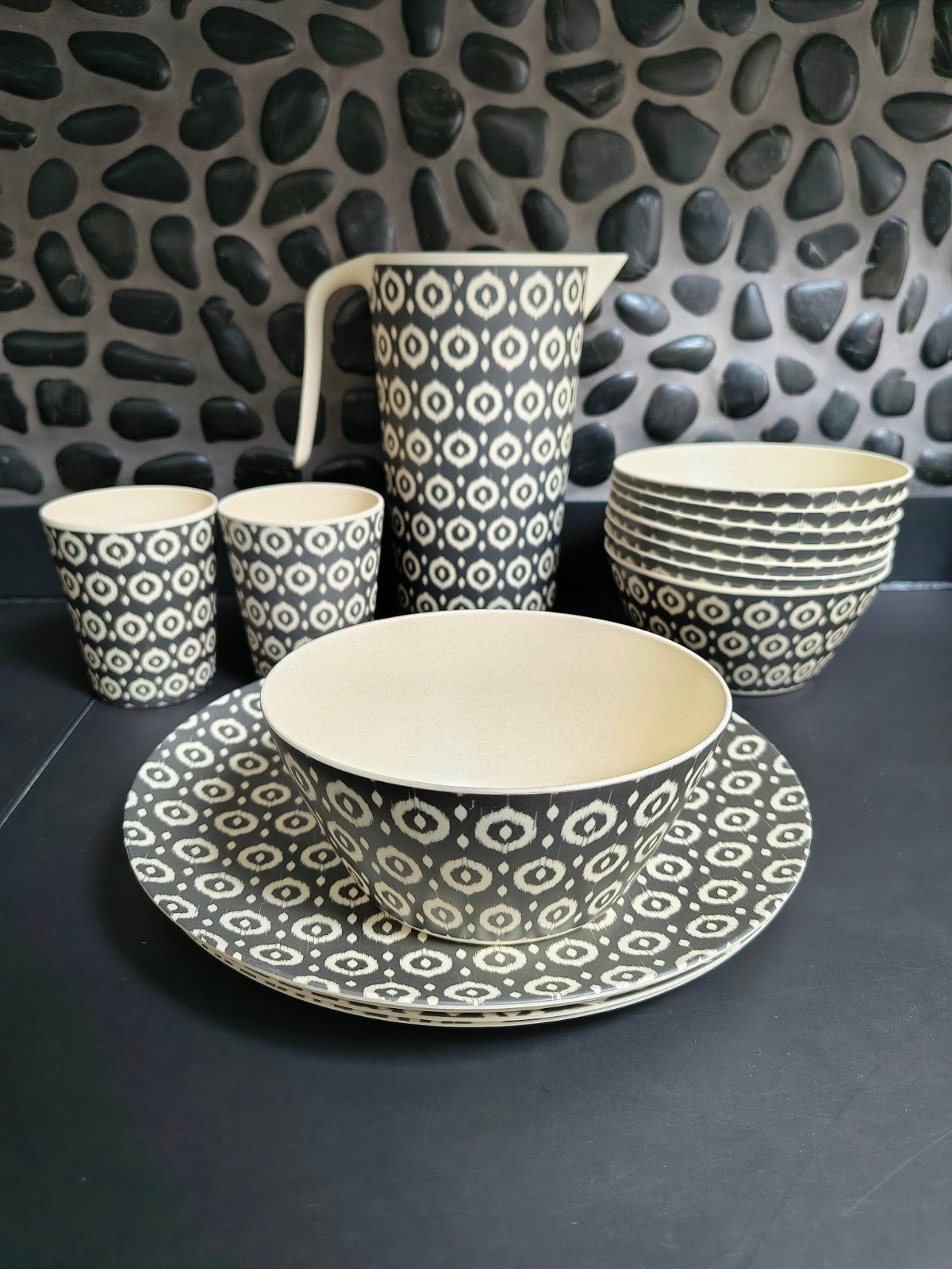 15 dlg bamboe Camping servies zwart crème print, Overige materialen, Overige merken, Ophalen of Verzenden, Zo goed als nieuw