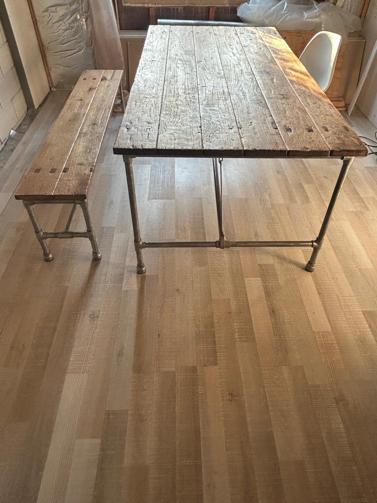 Steigerhouten tafel met bank - 2.10m x 1.05m, Ophalen, Gebruikt, 100 tot 150 cm, 200 cm of meer