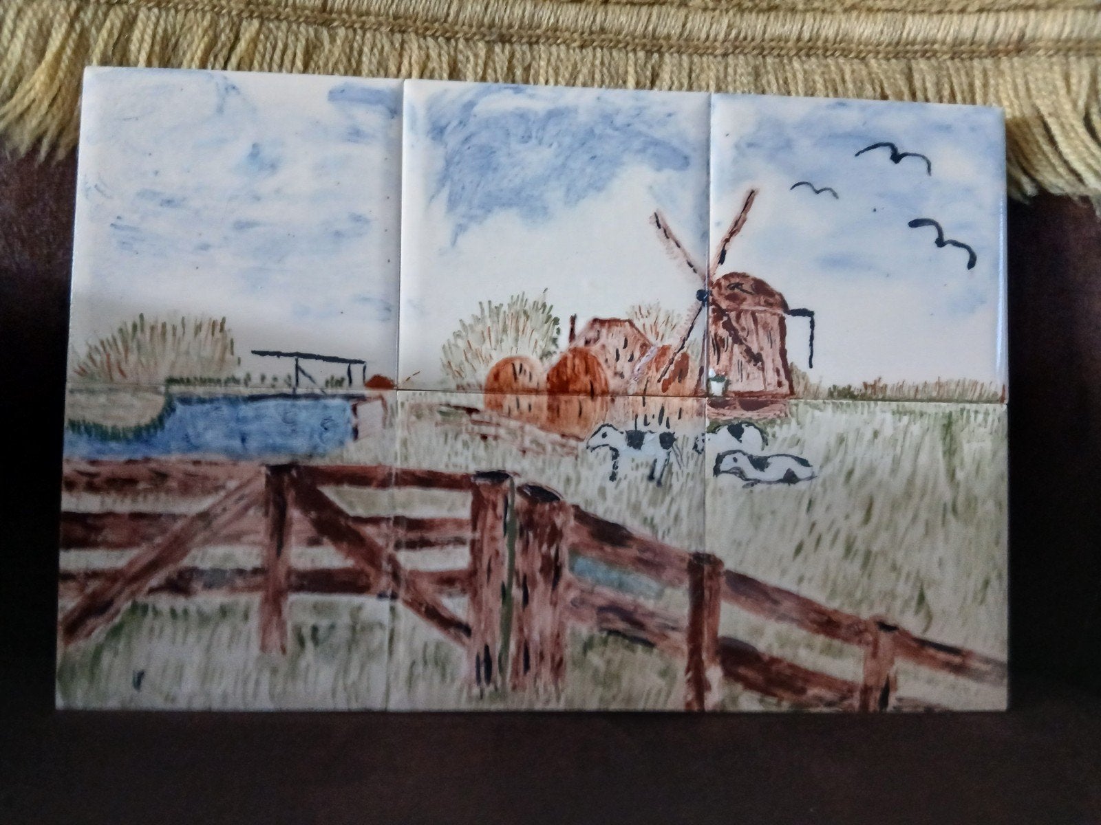 tegel tableau hand beschilderd traditioneel polderlandschap., Antiek en Kunst, Ophalen of Verzenden