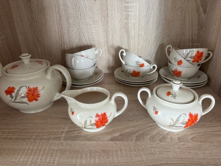 Uitgebreid Vintage Mosa Servies met Oranje Bloemenpatroon, Ophalen