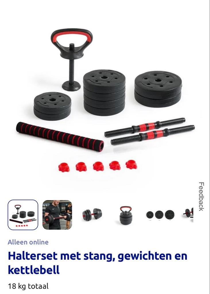Action Halterset met kettlebell en stang, Sport en Fitness, Fitnessmaterialen, Ophalen, Zo goed als nieuw, Buik, Halterset
