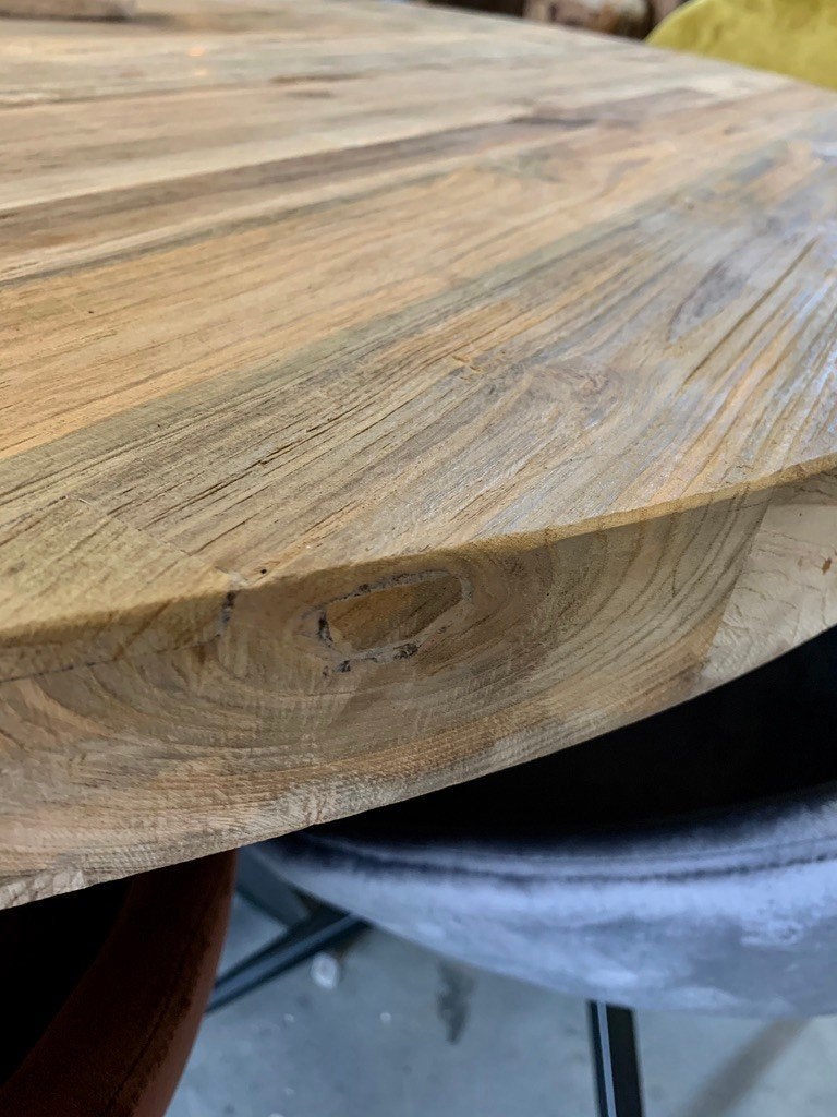 Rond tafelblad, 5 cm dik, geborsteld teak, gerecycled, poot, Nieuw, Ophalen of Verzenden, Vijf personen of meer, 100 tot 150 cm