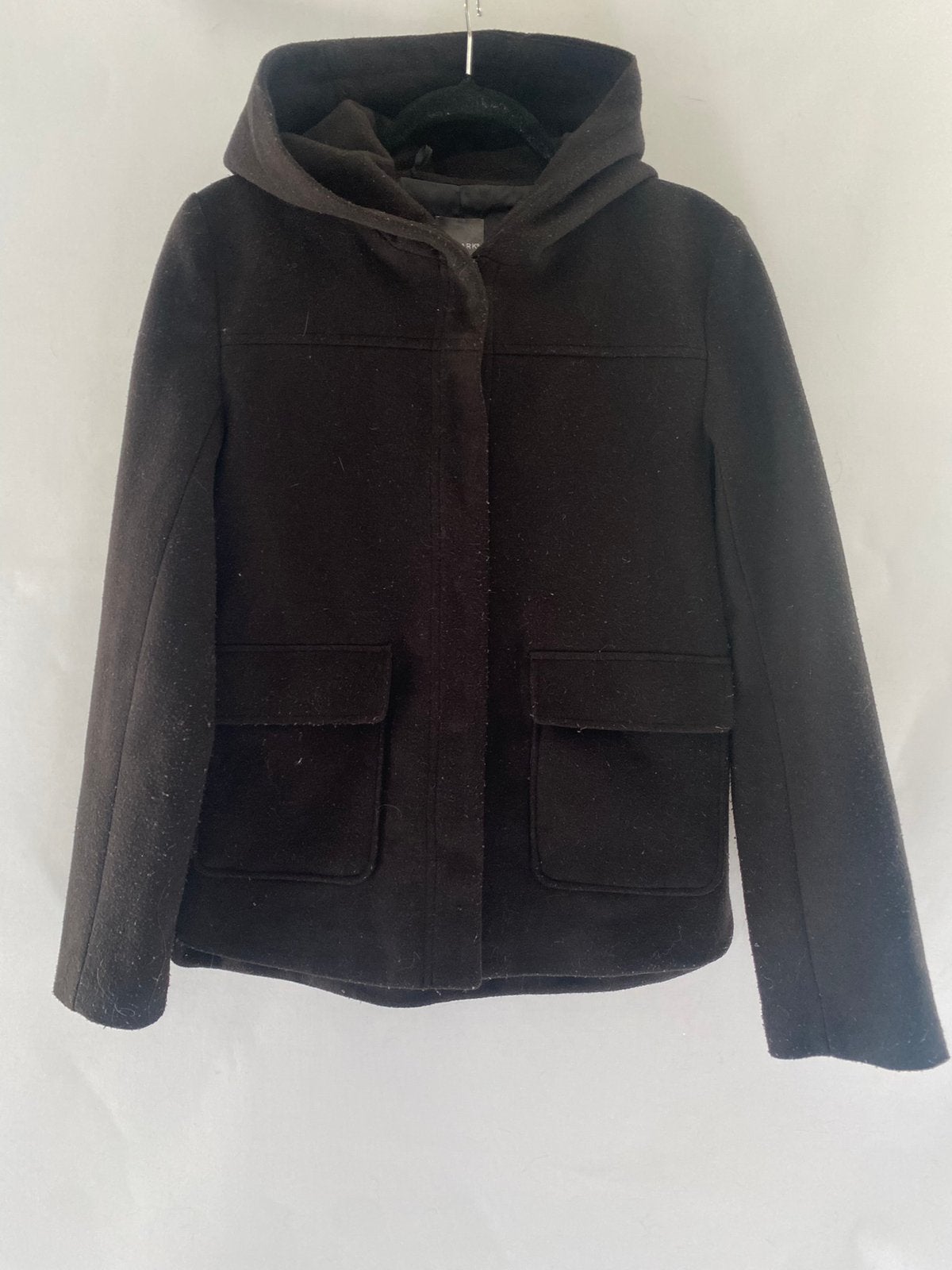 Primark zwarte wollen jas met capuchon – maat 32 (XXS), Ophalen of Verzenden, Gedragen, Maat 34 (XS) of kleiner, Zwart