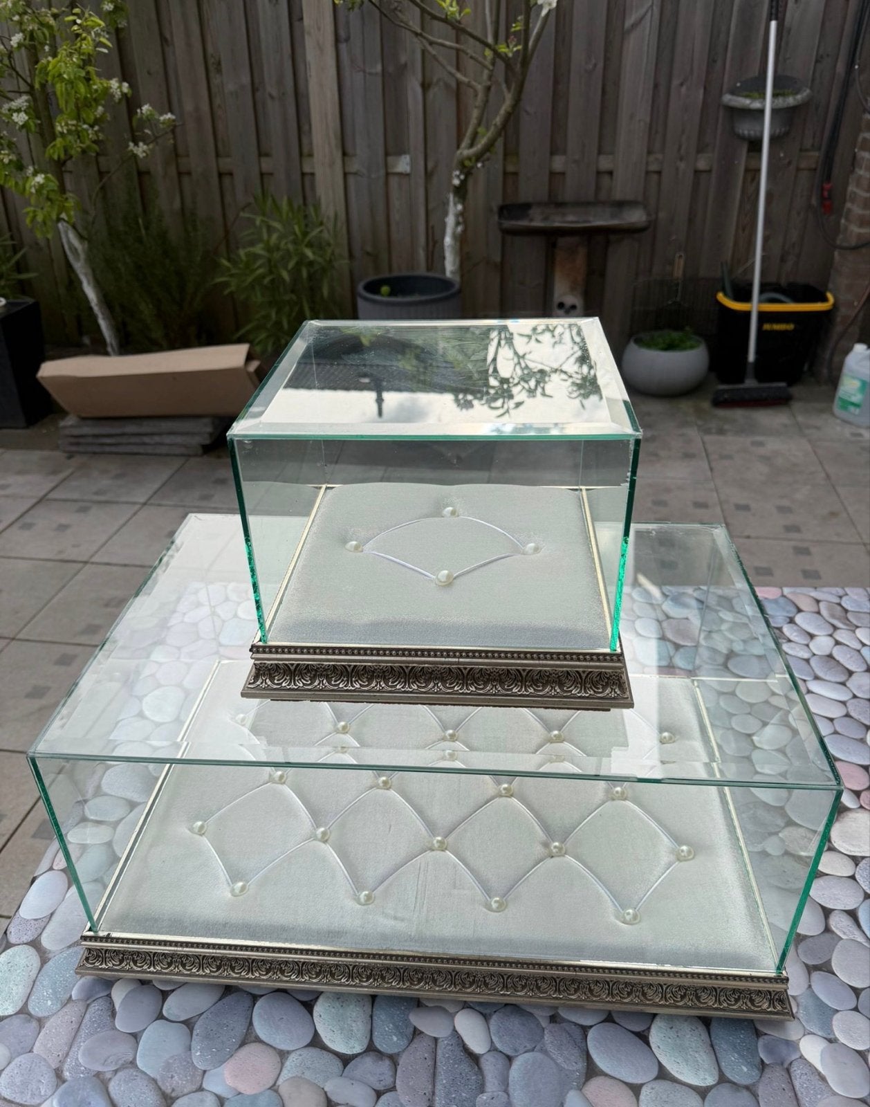 Glazen display boxen met parels, set van 2, Huis en Inrichting, Ophalen, Wit, Glas, Klassiek