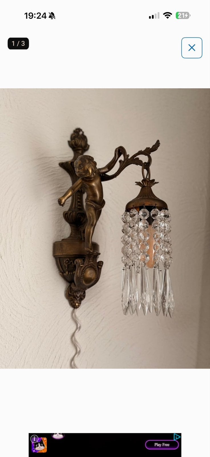 Prachtige klassieke wandlamp met kristallen pegels, Ophalen, Zo goed als nieuw