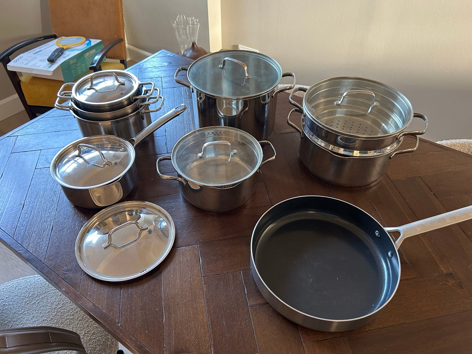 Uitgebreide pannenset RVS met koekenpan en stoompan, Ophalen, Gebruikt, Inductieplaat, Pannenset