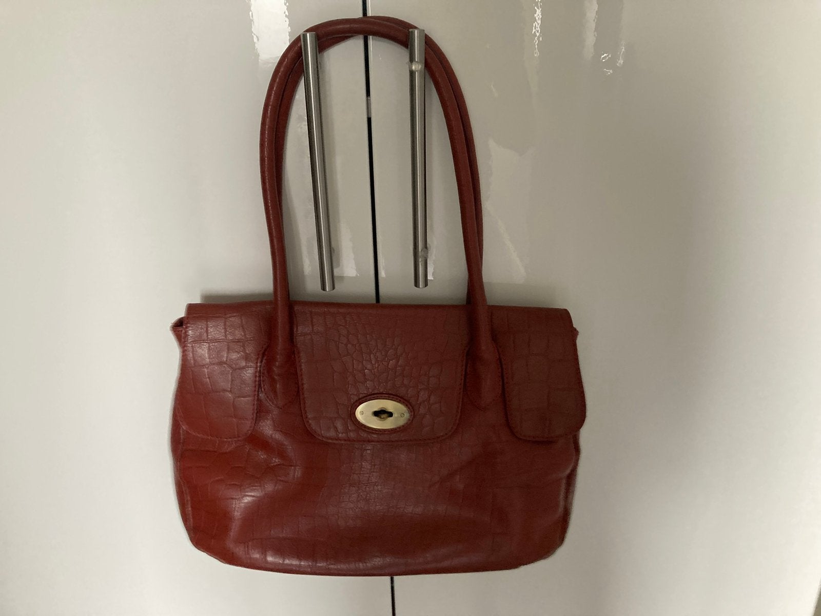 Cognac kleur, lederen tas V&D, Ophalen of Verzenden, Zo goed als nieuw, Bruin, Handtas