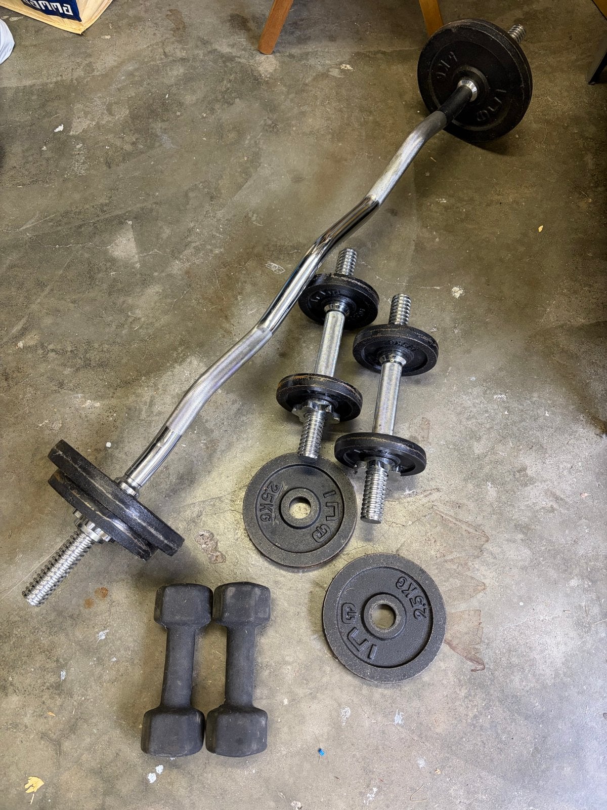 Complete Halterset met Curlstang en Gewichten, Ophalen, Gebruikt, Armen, Dumbbell