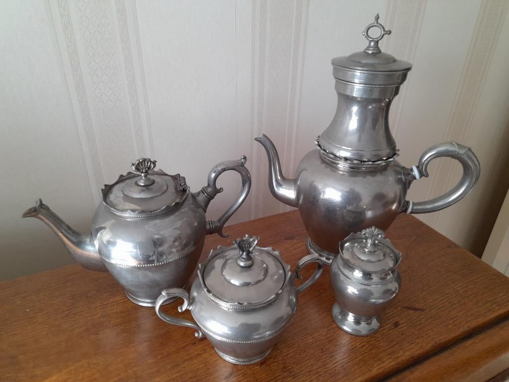 Decoratieve tinnen koffie-, thee-, suiker- en kandijpot, Antiek en Kunst, Ophalen of Verzenden