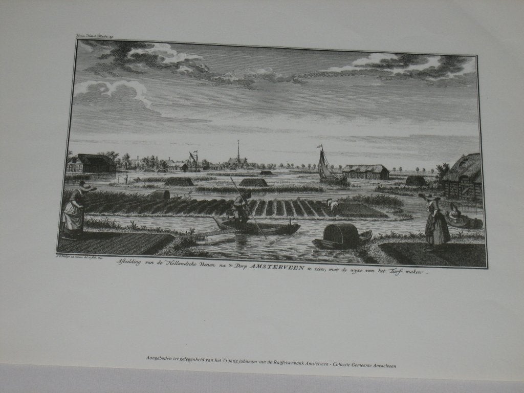 reproductie ets/gravure Hollandsche Veenen, bij A'veen 1741, 31 cm, Dagelijks leven, Overige technieken, Ophalen of Verzenden