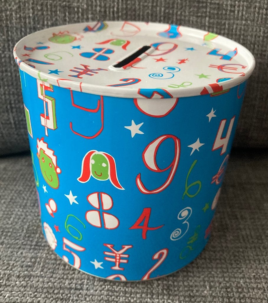 Spaarpot Unicef blauw met cijfers (metaal/blik), Ophalen of Verzenden, Zo goed als nieuw, Metaal of Blik, Overige thema's