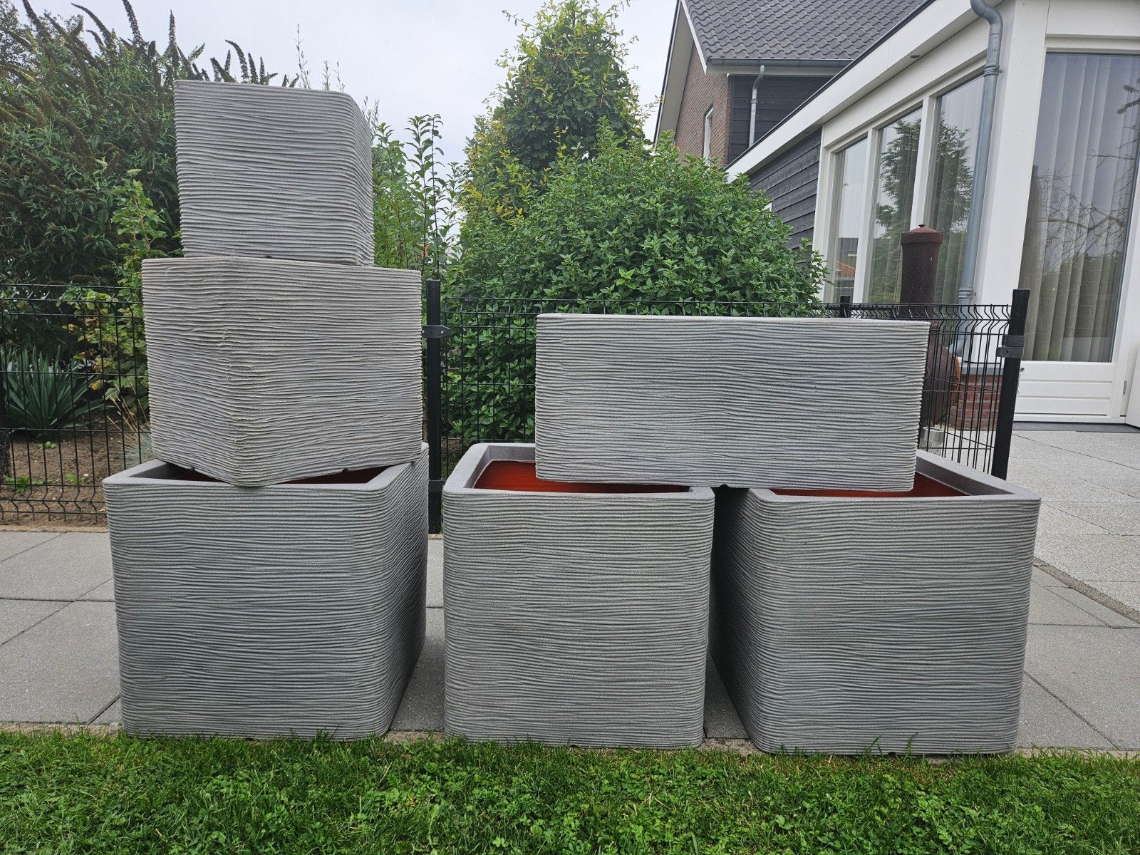nieuwe Capi bloembakken set grijs rib, Tuin en Terras, Bloembakken en Plantenbakken, Kunststof, Capi, Capi, Vierkant