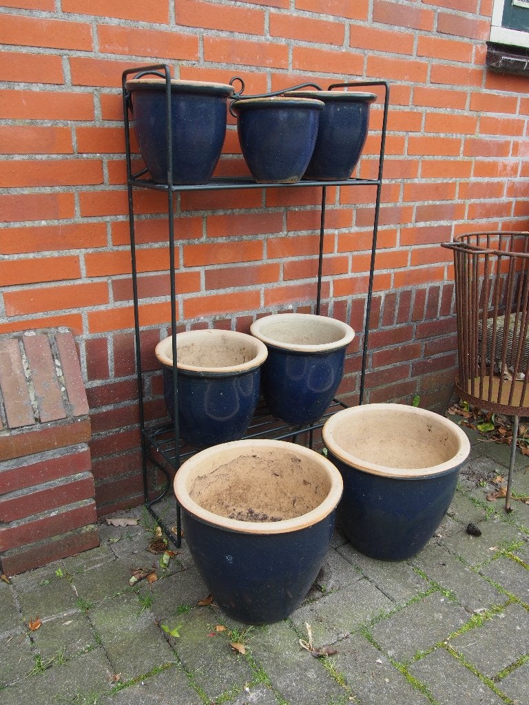 7 Bloempotten met metalen tuinrek (96x50x20 cm), Ophalen, Gebruikt, Minder dan 60 cm, Balkon