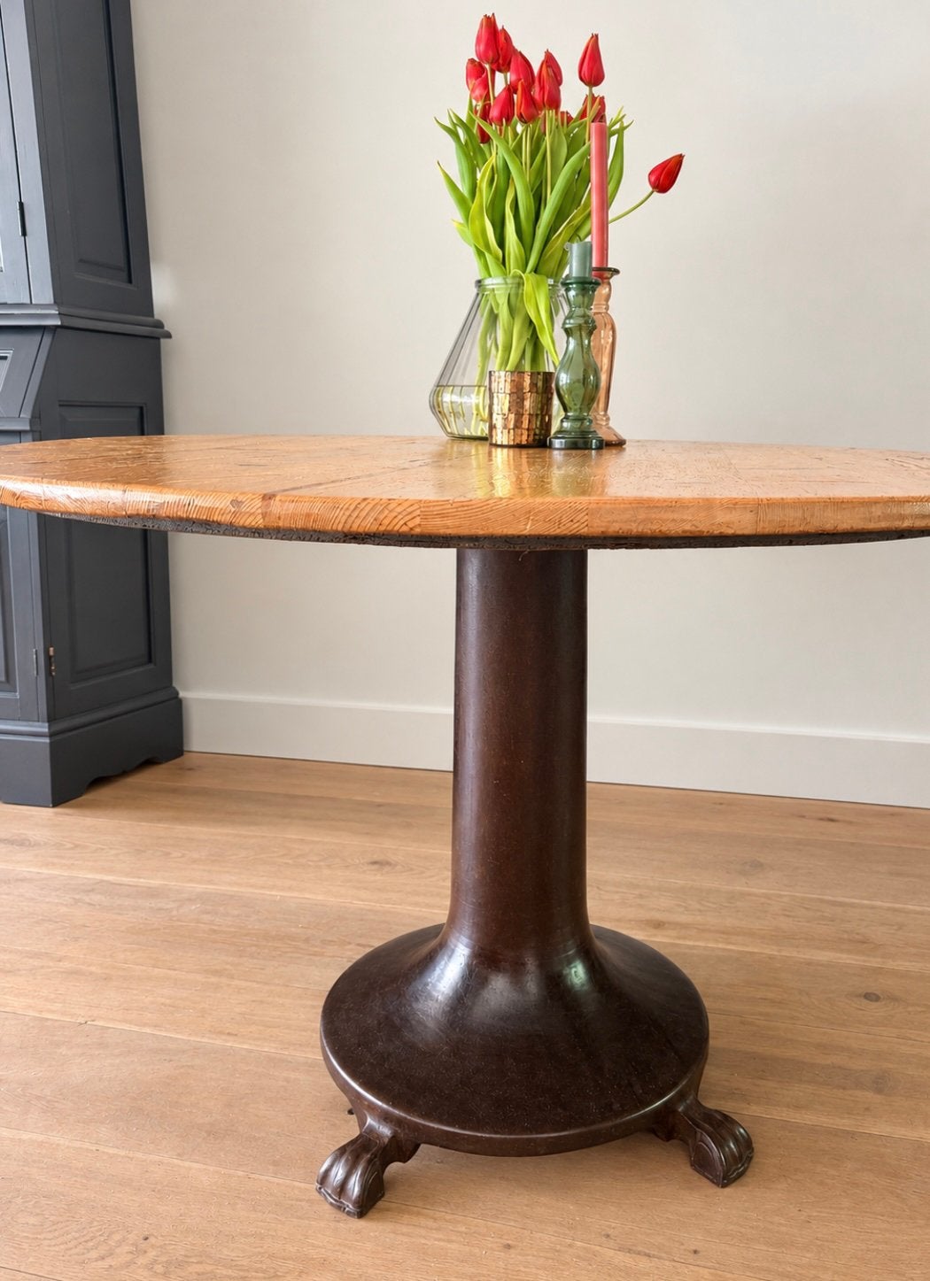 Ronde eetkamertafel met kolom poot. Excl stoelen!!, Ophalen, Gebruikt, Rond, Vijf personen of meer
