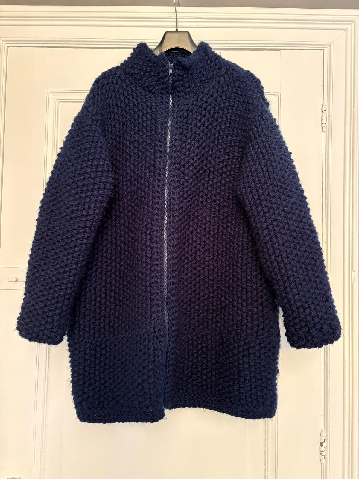Stoer handgebreid vest, lekker warm, maat 48, Ophalen of Verzenden, Zo goed als nieuw, Maat 46/48 (XL) of groter, Blauw