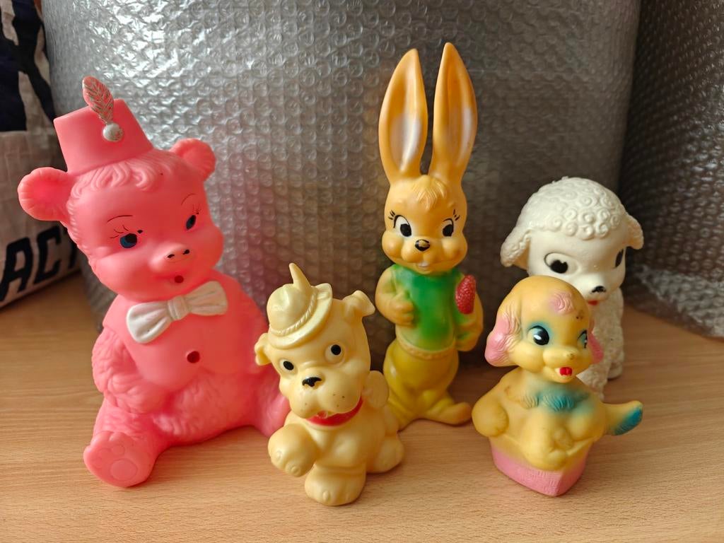 Lot van 5 vintage rubber figuren, Gebruikt, Overige typen, Ophalen of Verzenden, Rubbertoys