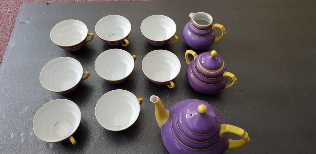 Retro oud servies paars geel, Ophalen of Verzenden