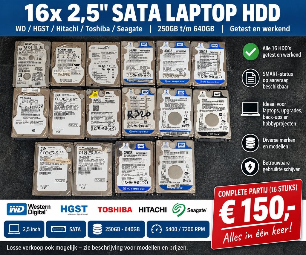 16x 2,5" SATA HDD 250-640GB WD HGST Toshiba  | getest, Intern, Gebruikt, PCmeneer, 640gb
