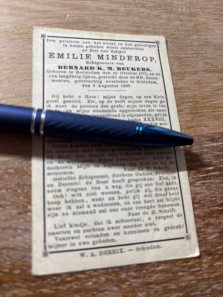Minderop Emilie 1875 Rotterdam 1900 Schiedam x Beukers -, Verzamelen, Bidprentjes en Rouwkaarten, Ophalen of Verzenden, Bidprentje