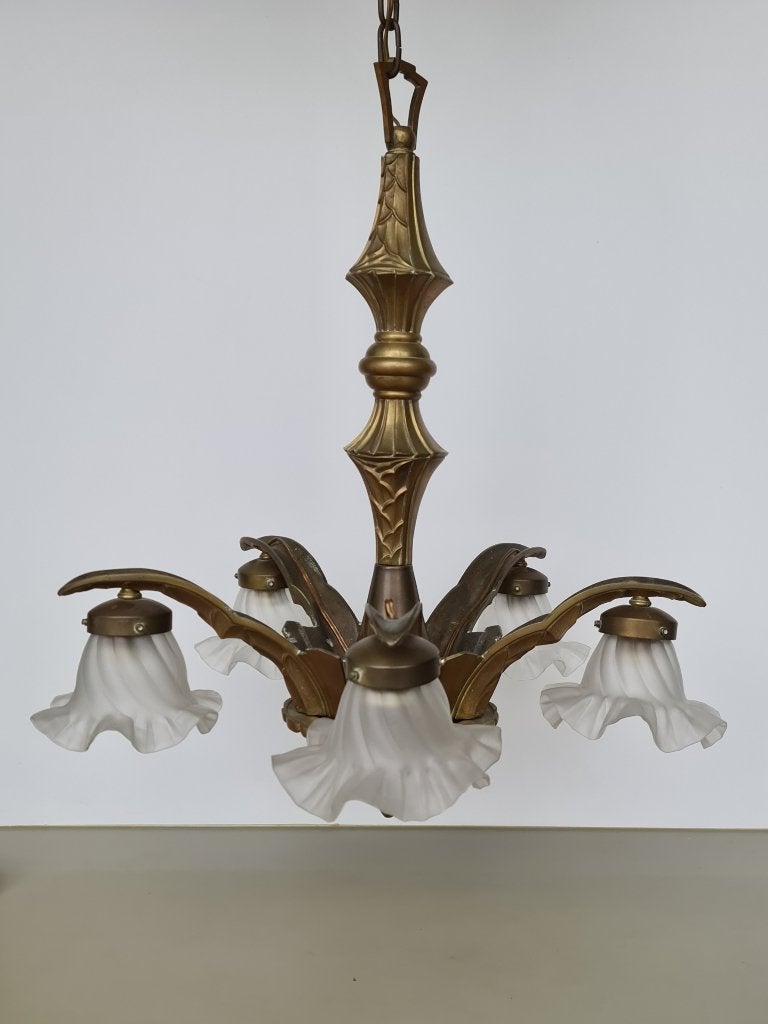 grote 5 armige art-nouveau art-deco kroonluchter luster lamp, Huis en Inrichting, Ophalen, Gebruikt, Glas, Antiek