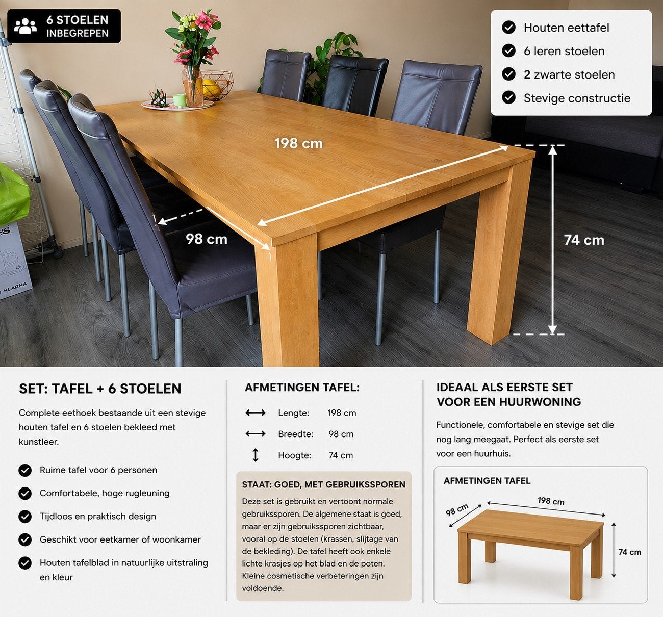 Eettafelset: Houten Tafel + 6 Stoelen (Bonprix-stijl), Huis en Inrichting, Ophalen of Verzenden, Gebruikt, Tijdloos, praktisch