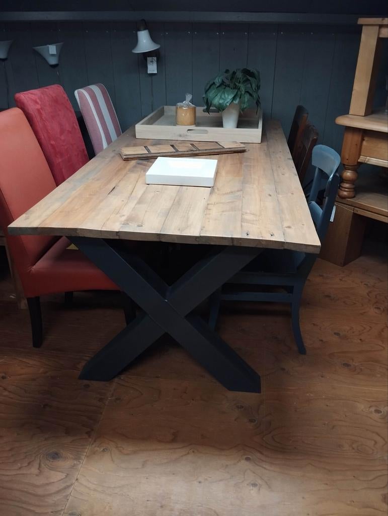 Eettafel van oude vloerdelen met metalen kruispoot 210x100, Ophalen, 100 tot 150 cm, 200 cm of meer, Zo goed als nieuw