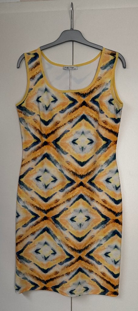 Te koop: Geel blauw mouwloos jurkje. Maat S, Kleding | Dames, Ophalen, Meerkleurig, Onbekend, Knielengte
