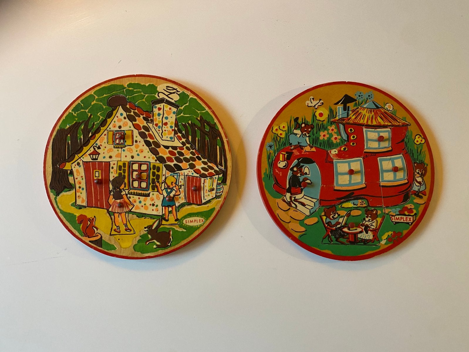 Twee houten ronde Simplex knopjes puzzels jaren 50 of 60, Ophalen of Verzenden