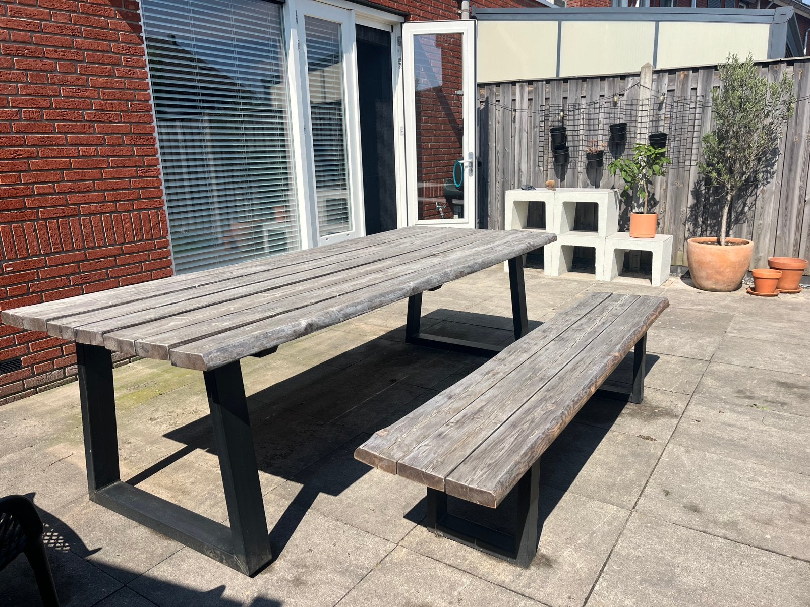 Tuintafel met bankje, Tuin en Terras, Tuintafels, Ophalen, Gebruikt, Rechthoekig, Hout