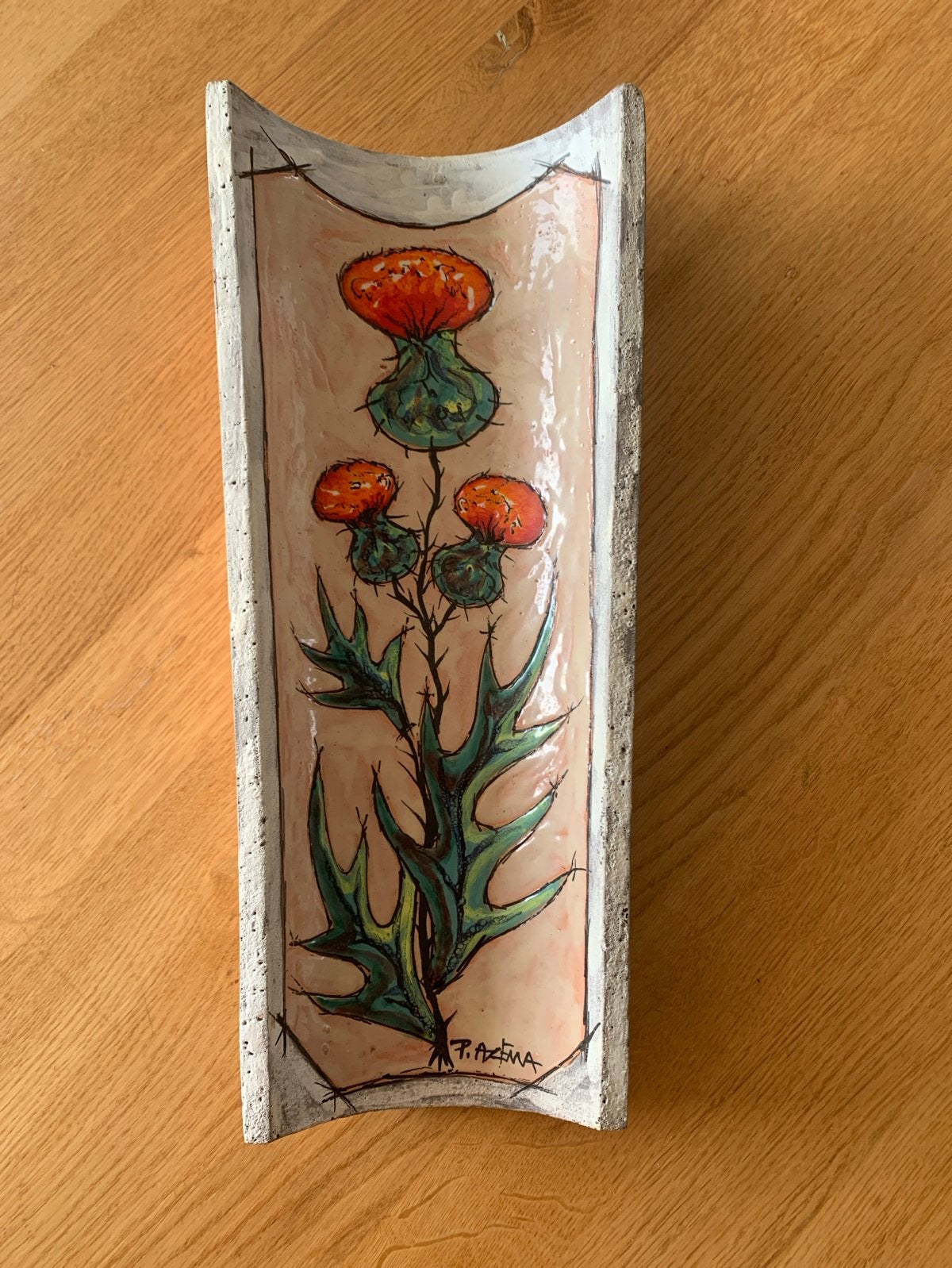 Uniek handgemaakt wandobject met distelmotief, Wandsculptuur, Meerkleurig, Steen/keramiek, Ophalen of Verzenden