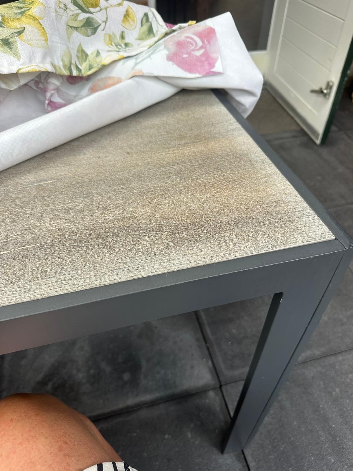moderne aluminium tuintafel met houtlook blad en metalen fra, Ophalen, Gebruikt, Rechthoekig, Aluminium
